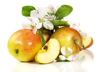 Ripe wild Apples with Blossom - Fruits on white Background Isolated