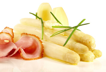 White Asparagus with Potatoes and Chives isolated on white Background