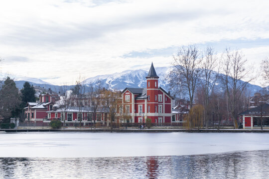 Landscape of the frozen lake of Puigcerda one winter morning