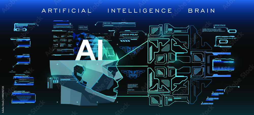 Poster concept of artificial intelligence brain. abstract glowing digital brain with user interface. futuri