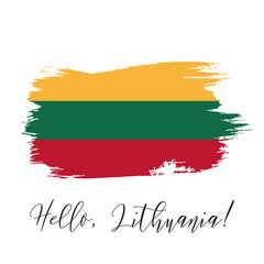 Lithuania watercolor vector national country flag icon. Hand drawn illustration, dry brush stains, strokes, spots isolated on gray background. Painted grunge style texture for posters, banner design.