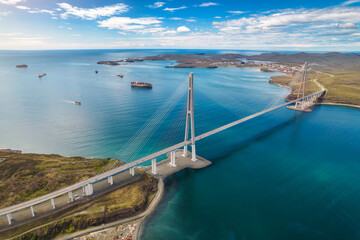 Aerial view of famous cable-stayed bridge to Russky island from Vladivostok city in Far East of Russia - 490293123