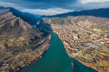 Aerial view of confluence of rivers in Mtskheta, Georgia
