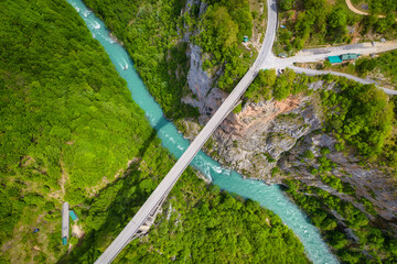 Aerial view of Djurdjevica bridge over the river Tara in Montenegro, Europe - 490293171