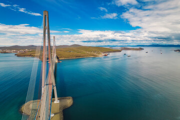 Aerial view of famous cable-stayed bridge to Russky island from Vladivostok city in Far East of...