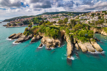 Aerial view of beautiful rocky coastline in Ulcinj, town in the south of Montenegro - 490293191