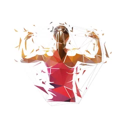 Foto op Aluminium Athletic young woman showing muscles on her back and arms. Low polygonal isolated vector illustration, geometric drawing from triangles. Fitness logo © michalsanca