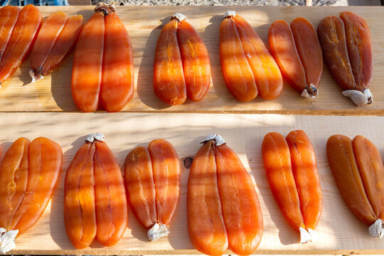 Gray mullet caviar. Known as Karasumi in Japanese, Bottarga in Italian, and Butarka in Turkish, it is a food product made by salting and drying mullet eggs in sunlight. Food, appetizer concept.