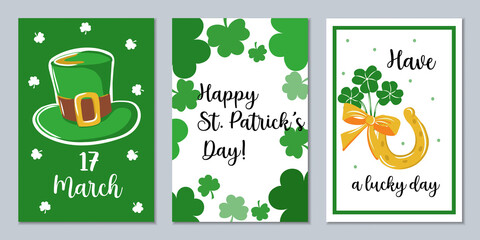 St. Patrick's holiday poster set. Of the symbols and elements of the holiday leprechaun hat, trefoil, horseshoes. Vector templates for holiday invitation, greeting card or flyer
