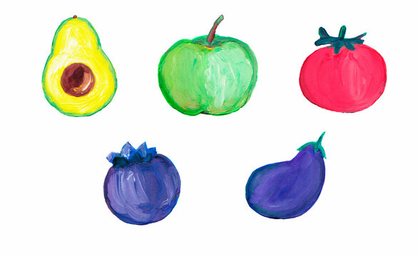 Set of  gouache painted food.