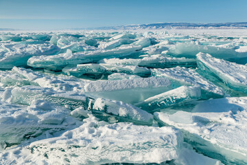 pack ice in the Baikal lake, Siberia