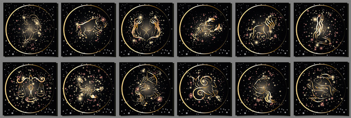 Zodiac signs icons set on dark background. Shiny golden zodiac constellations icons. Vector illustration