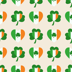 Seamless St. Patrick's Day pattern of Irish symbols. Green clover leaf and other hand drawn elements. Vector backgrounds for holiday invitation, greeting card or flyer