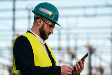 Electric engineer wearing helmet suit and safety vest checking datas on tablet with substation in...