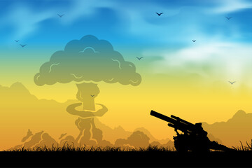 Fototapeta na wymiar Silhouette of cannon with explosion isolated on sunset background. Cannon ball explosion background. 