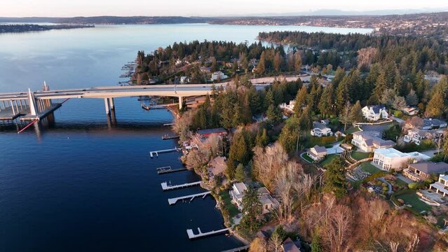 Cinematic aerial drone footage of Medina, Hunts Point, Yarrow Point, Clyde Hill, Evergreen Point floating bridge, Lake Washington mansions, luxury homes, villas