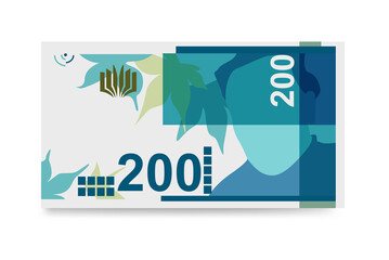 New Israeli Sheqel Vector Illustration. Indonesia, Timor-Leste money set bundle banknotes. Paper money 200 ILS. Flat style. Isolated on white background. Simple minimal design.