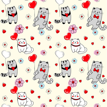 Seamless pattern with cats, flowers and balloons for fabric or wrapping paper, holiday background. Vector digital paper for girls. 
