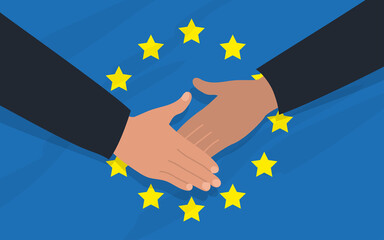 Handshake of two people on the background of the EU flag. Diplomacy, politics, friendship. Vector image.