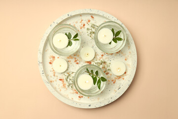 Concept of relaxation with aroma candles, top view