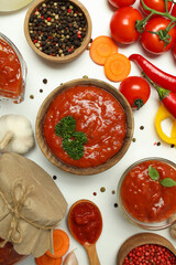 Concept of tasty food with adjika, top view
