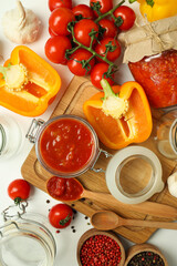 Concept of tasty food with adjika, top view