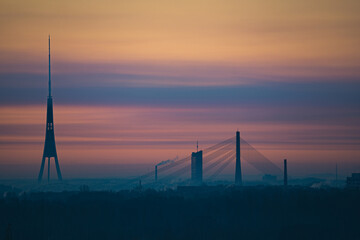 Beautiful Riga city panorama in sunrise. Pastel colours