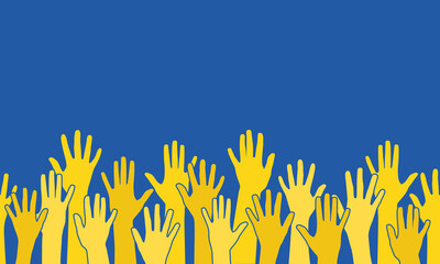 The concept of unity of Ukraine. The image is in the colors of the flag of Ukraine. Yellow hands with open palms on a blue background. Vector illustration, horizontally seamless.