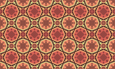 Ethnic tribal seamless pattern. Traditional design for paper, packaging, fabric, clothing, wrapping, carpet, tile, decoration, vector illustration, embroidery style. Adinkra symbols in Asian way.