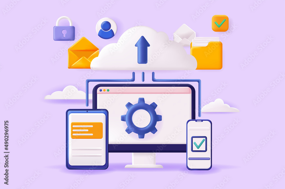 Aufkleber Cloud computing concept 3D illustration. Online data storage, exchange and transfer of information or files between different gadgets, cloud computing. Vector illustration for modern web banner design
