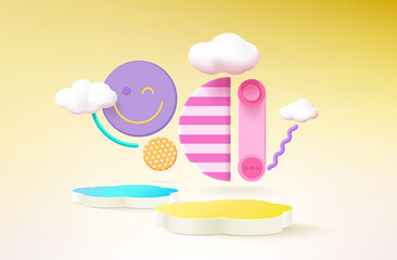 3d rendering of podium and abstract geometric with empty space for kids or baby product.