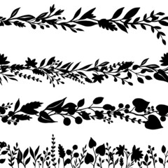 Seamless vector horizontal ornament of field herbs and plants. Black silhouettes of medicinal flowers are drawn in ink by hand. Design on a white background for cosmetics, poster, banner, template.