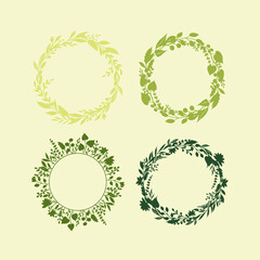 Round frame of wild and garden flowers. Plants are hand drawn in black ink on a white background. Leaves, twigs, buds are laid in a natural wreath. Ready made template for printing on postcards.