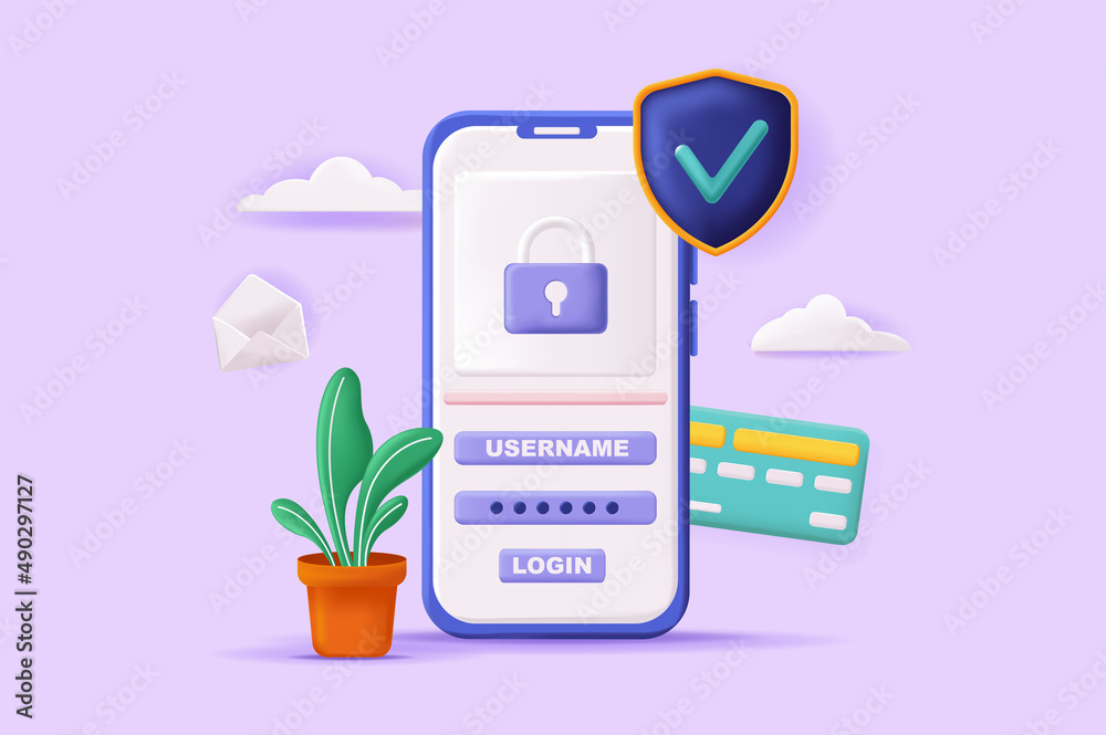 Aufkleber Login and password concept 3D illustration. Registration and login form in mobile application interface, security of personal data and credit cards. Vector illustration for modern web banner design