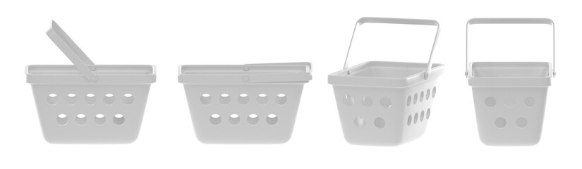 Shopping basket in different view, empty plastic supermarket cart isolated on white background. Realistic mockup equipment for purchasing in retail shop, grocery and store market, 3d render