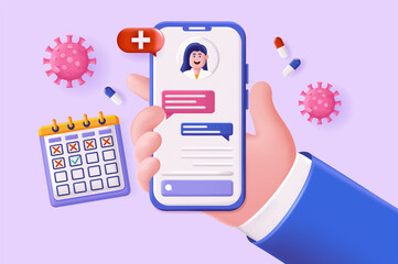 Online medical service concept 3D illustration. Online chat with doctor in mobile application interface, consultation and appointment during illness. Vector illustration for modern web banner design