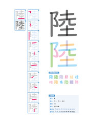 書き順_小学4年_陸（りく、ろく、おか）_Stroke order of Japanese Kanji - obrazy, fototapety, plakaty