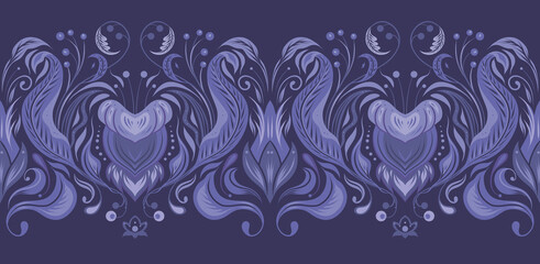 Seamless border with vintage floral ornament in very peri color. Vector baroque frame with flowers and foliage on purple background. Luxury violet damask frieze in flat hand drawn style