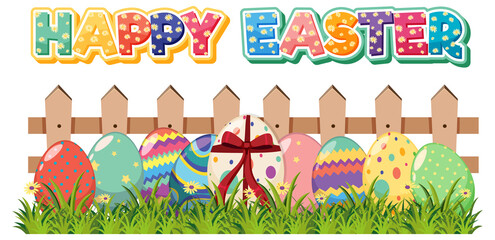 Happy Easter design with eggs in garden