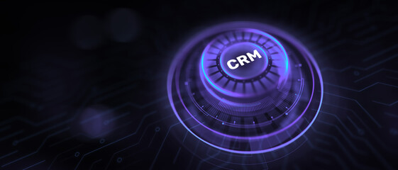 CRM Customer relationship management software system. Business technology concept. Virtual button on screen.