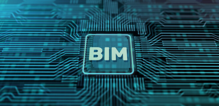 BIM Building information modeling software system. Businessman pressing button on screen.