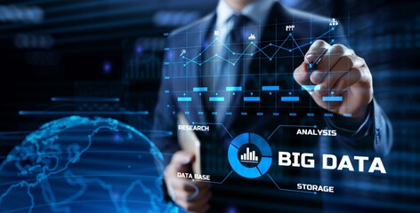 Big Data Analysis Analytics internet technology concept. Businessman pressing button on screen.
