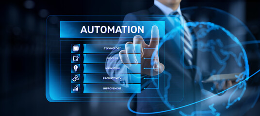 Automation Innovation technology concept. Businessman pressing button on screen.