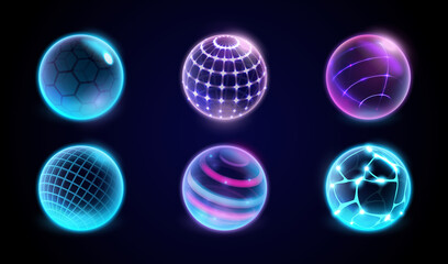 Neon balls with mesh protective barrier for security. Vector set of futuristic spheres with glowing and illumination. Cyberspace and defense. Abstract circular objects with shining smooth surface - obrazy, fototapety, plakaty