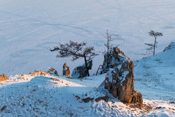 Winter view from hill on frozen baikal lake, siberia