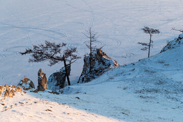 Winter view from hill on frozen baikal lake, siberia