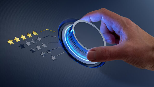 5 stars quality rating, best products and services concept with person hand selecting highest score. Customer satisfaction, reputation and excellence. Performance evaluation.