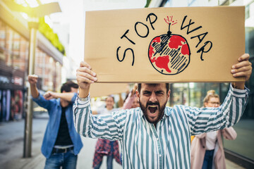 Stop war.Anti-war protest. Demonstrators call for peace. Protest manifestation against attack or war.