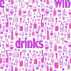 Fototapeta na wymiar Wine and drinks seamless vector pattern. line art Wine bottle and wine glass vector illustration. Drink wine bar tile background