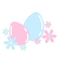 Vector illustration of the Easter eggs. Two pink and blue  colored eggs surrounded by pink and blue flowers. 